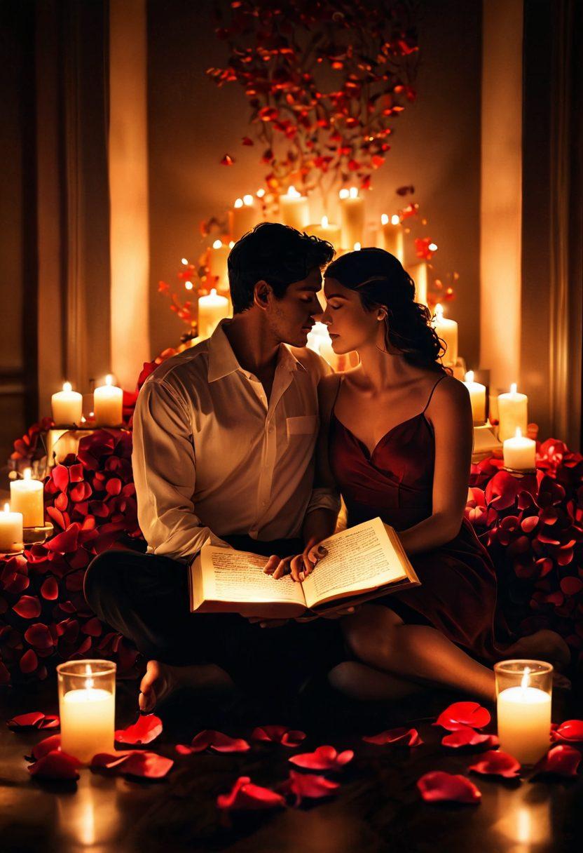 A soft-lit intimate setting featuring an open book with romantic stories, surrounded by glowing candles and rose petals. In the background, silhouettes of a couple embracing passionately can be seen, hinting at deep desire and connection. The color palette is warm and inviting with shades of red and gold. super-realistic. vibrant colors. soft focus.