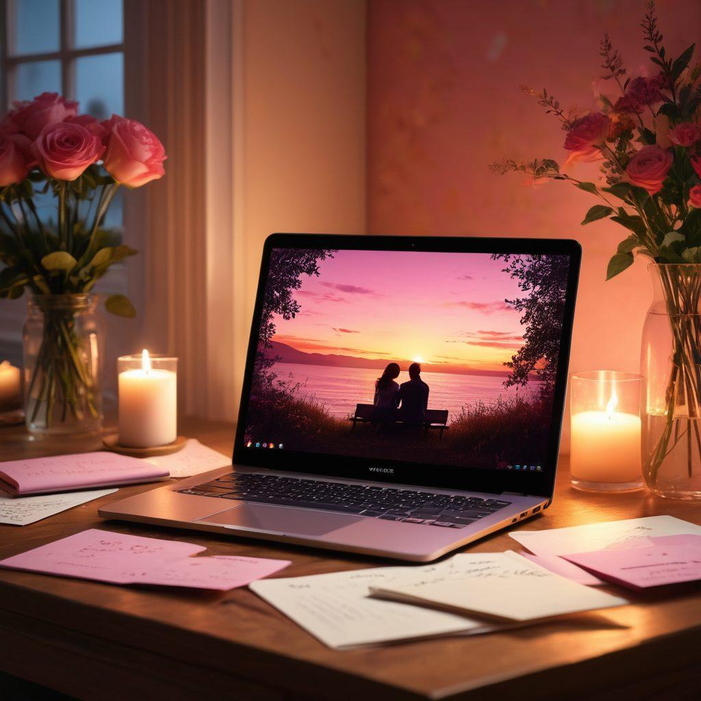 A cozy, candlelit setting featuring an open laptop displaying heartwarming user-generated love stories. Surrounding the laptop are scattered pen and love letters, symbolizing passion and creativity. Hints of soft pinks and warm golds create an inviting atmosphere, while a couple's silhouette can be seen in the background, united in intimacy and emotion. super-realistic. vibrant colors. romantic ambiance.