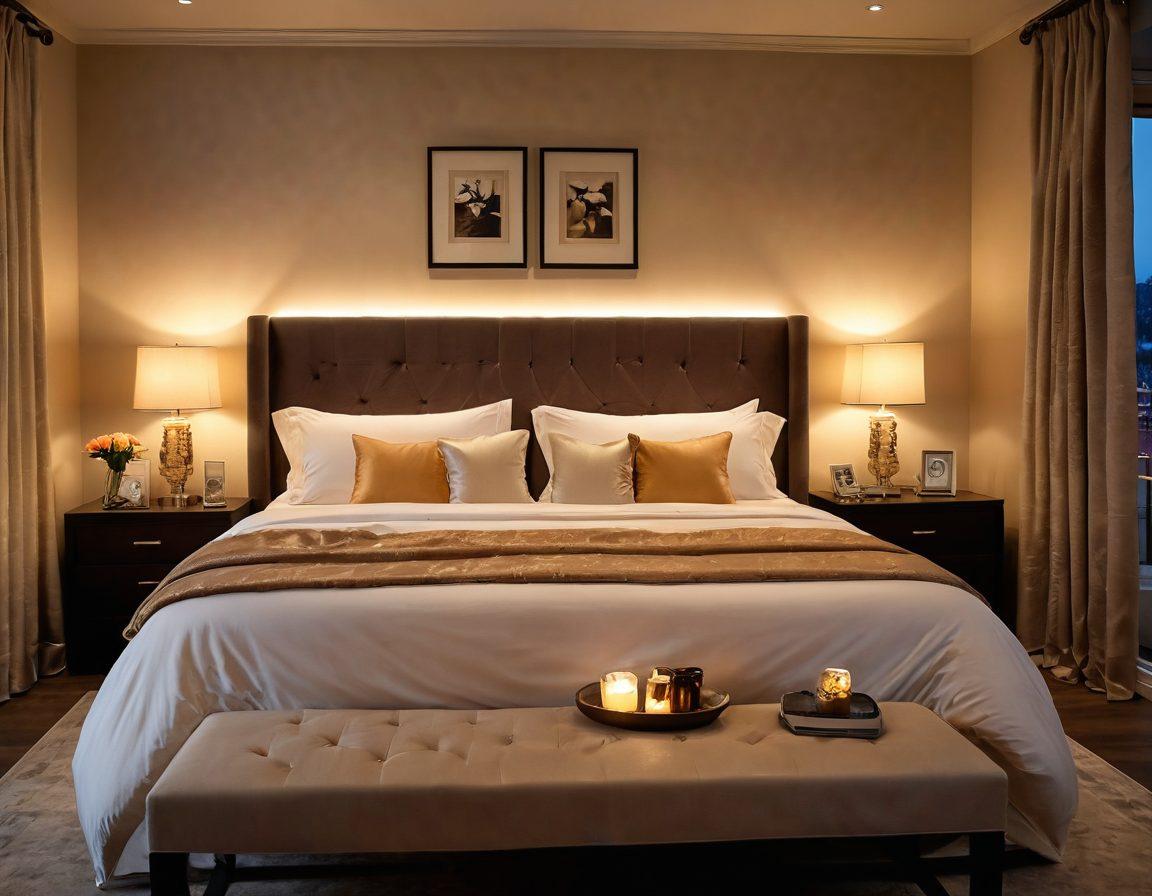 A cozy and inviting bedroom setting, bathed in soft, warm lighting, showcasing a couple intertwined in a tender embrace. Fragrant candles flicker on a bedside table, casting playful shadows. Delicate silk sheets and plush pillows add to the atmosphere of intimacy, while subtle hints of sensual artwork adorn the walls. Capture the essence of passion and connection through their expressions, evoking curiosity and warmth. super-realistic. soft lighting. vibrant colors.